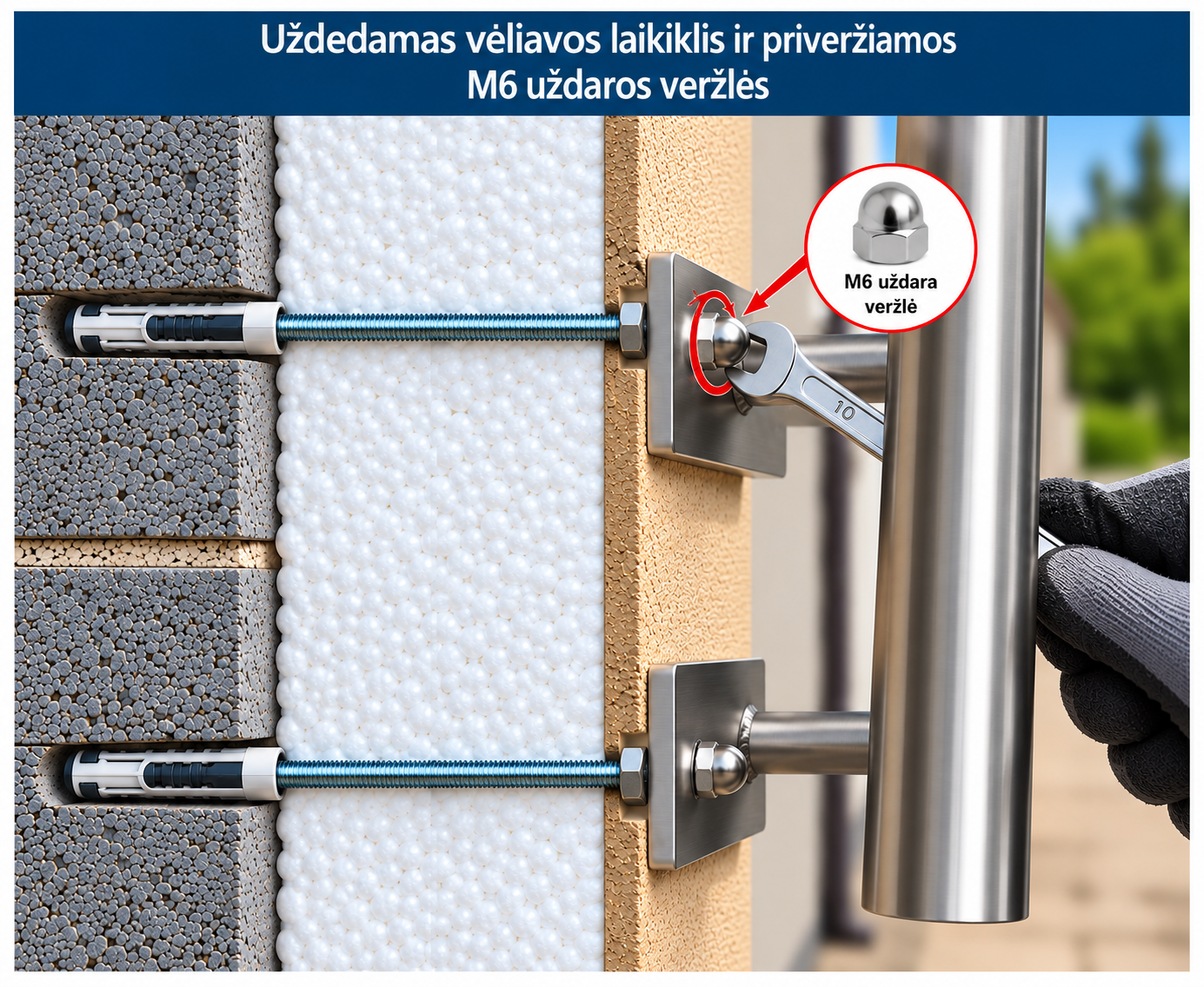 Fixing a holder through an insulated facade with M6 threaded rods