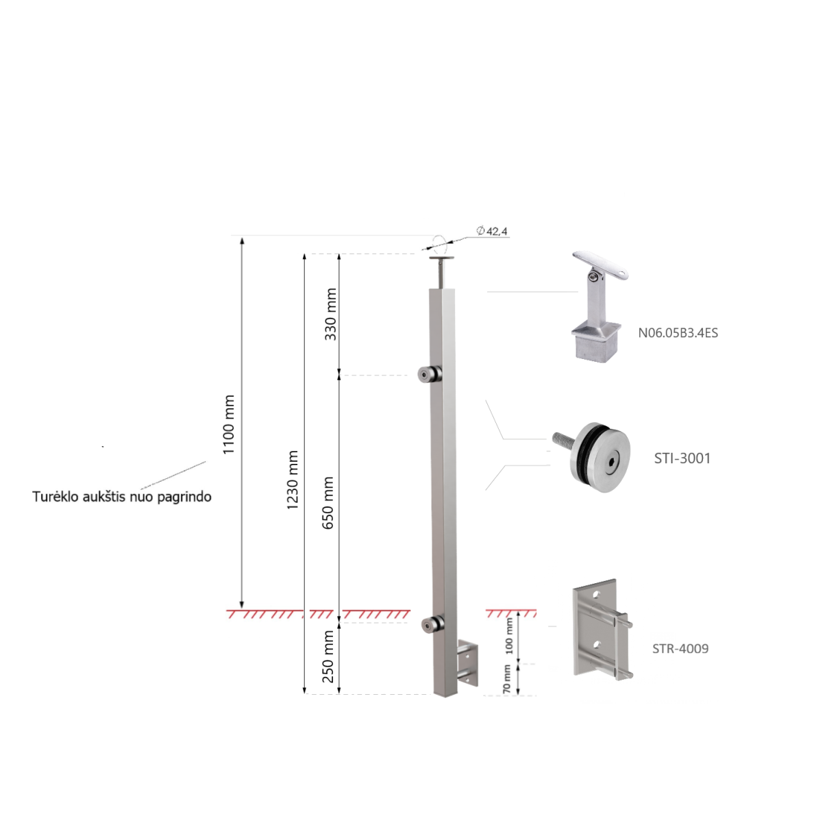Balcony Glass Railing Post with Glass Adaptors 40×40 H-1230 mm 1