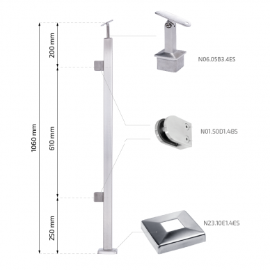 Balkono galinis statramstis stiklui 40×40 H-1060 mm (dešininis) 1 Balkono galinis statramstis stiklui 40×40 H-1060 mm (dešininis) 1