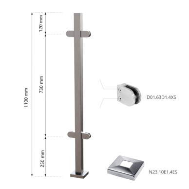 Balkono statramstis stiklui 40×40 H-1100 mm 1 Balkono statramstis stiklui 40×40 H-1100 mm 1