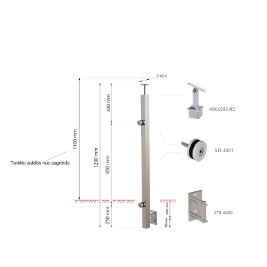 Balcony Glass Railing Post with Glass Adaptors 40×40 H-1230 mm 1