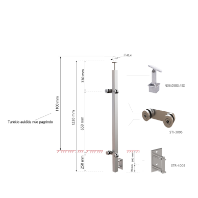 Balkono vidurinis statramstis su taškiniais stiklo laikikliais 40×40 H-1230 mm 1 Balkono vidurinis statramstis su taškiniais stiklo laikikliais 40×40 H-1230 mm 1