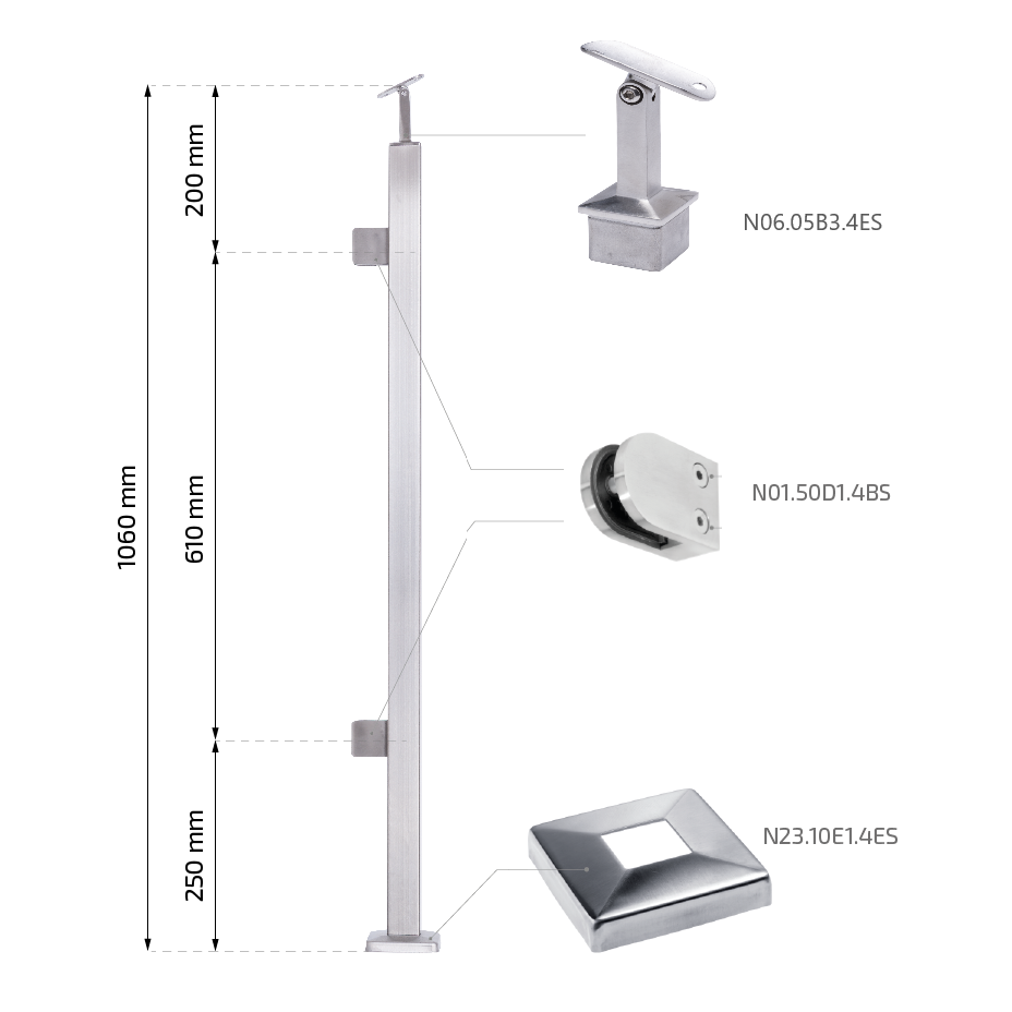 Balkono galinis statramstis stiklui 40×40 H-1060 mm (dešininis) 1 Balkono galinis statramstis stiklui 40×40 H-1060 mm (dešininis) 1