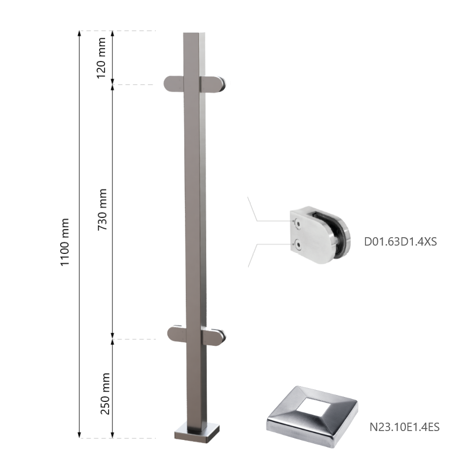 Balkono statramstis stiklui 40×40 H-1100 mm 1 Balkono statramstis stiklui 40×40 H-1100 mm 1
