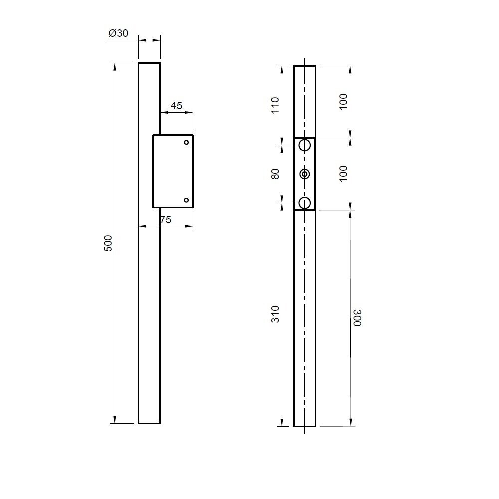 Dvipusė apvali durų rankena – juoda, 90°, 30x500 mm 1