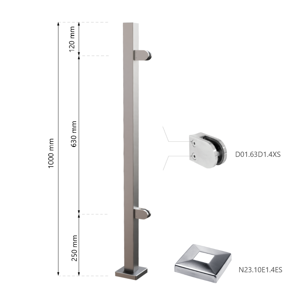 Galinis statramstis stiklui 40×40 H-1000 mm (kairinis) 1 Galinis statramstis stiklui 40×40 H-1000 mm (kairinis) 1