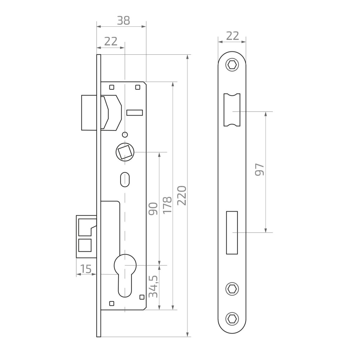 Įleidžiamas skląstinis ir smūginis užraktas H220/90 mm 1