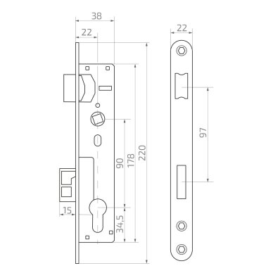 Įleidžiamas skląstinis ir smūginis užraktas H220/90 mm 1