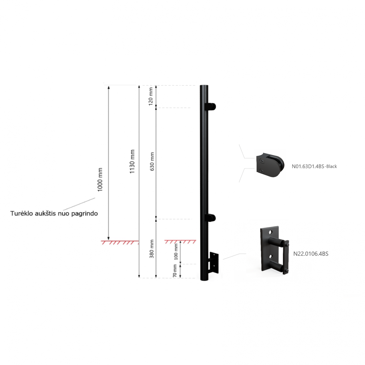 Kraštinis statramstis H-1130mm (dešininis) RAL-9005 1 Kraštinis statramstis H-1130mm (dešininis) RAL-9005 1