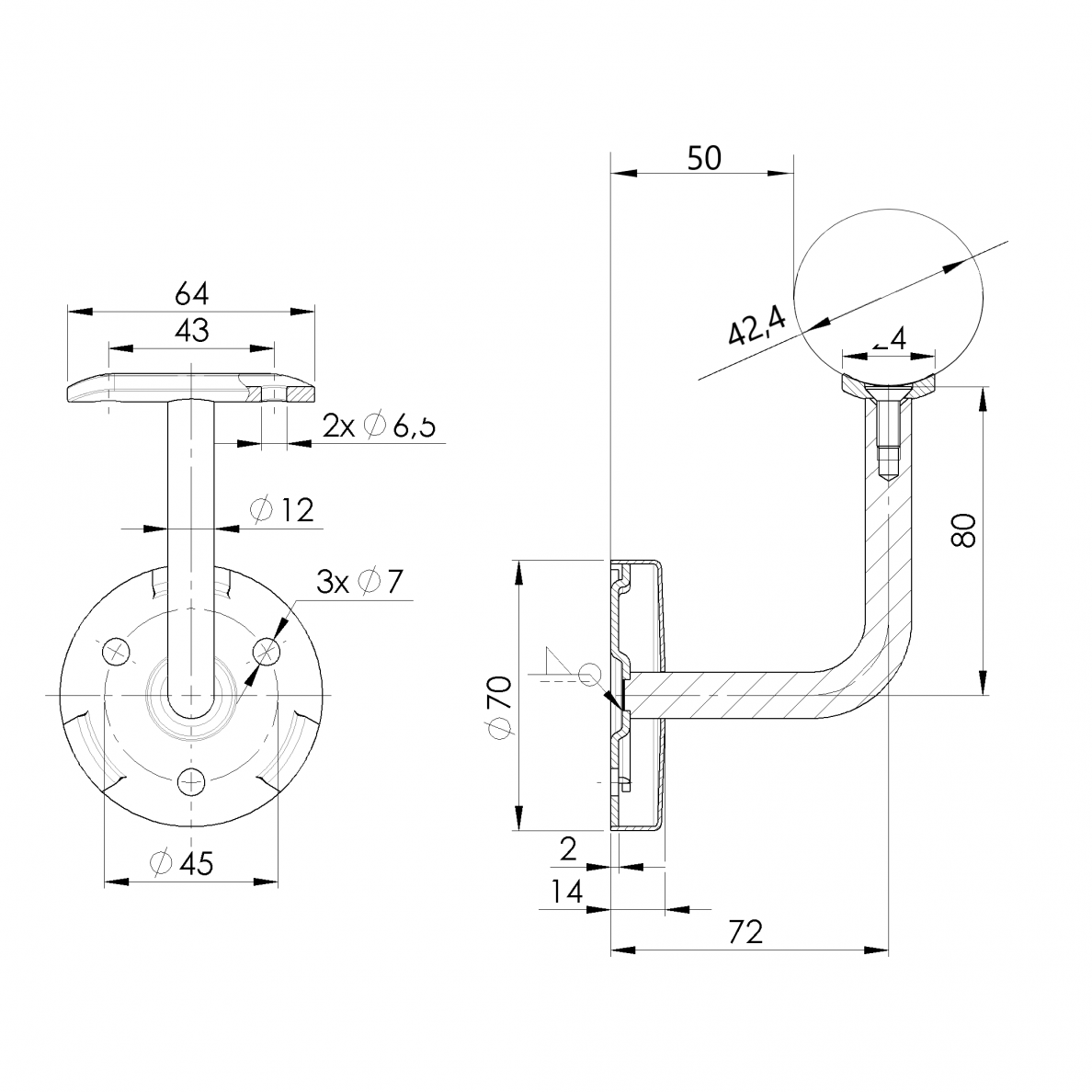 Sieninis turėklas D42/L1500mm 4 Sieninis turėklas D42/L1500mm 4