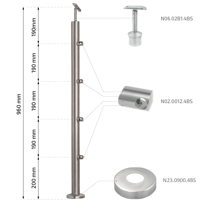 Turėklo statramstis H-960 mm (AISI-316 markė) 1 Turėklo statramstis H-960 mm (AISI-316 markė) 1