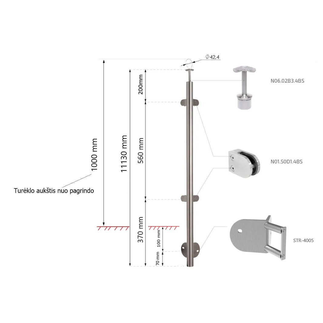 Kampinis statramstis stiklui H-1130 mm (išorinis kampas) 2 Kampinis statramstis stiklui H-1130 mm (išorinis kampas) 2