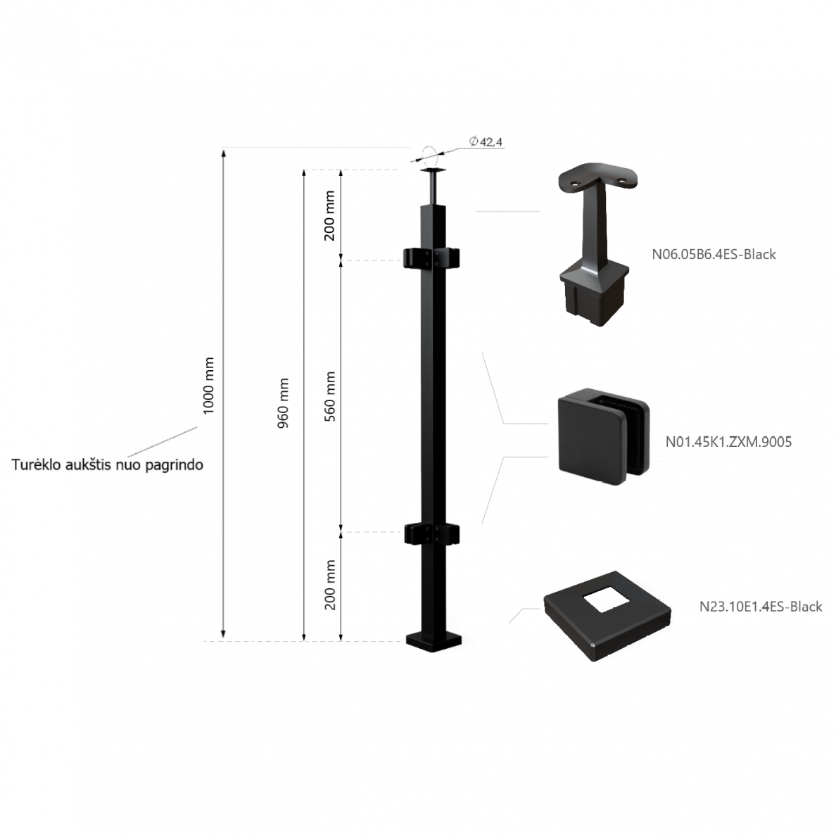 Turėklo statramstis H-960mm (kampinis) RAL-9005 1 Turėklo statramstis H-960mm (kampinis) RAL-9005 1