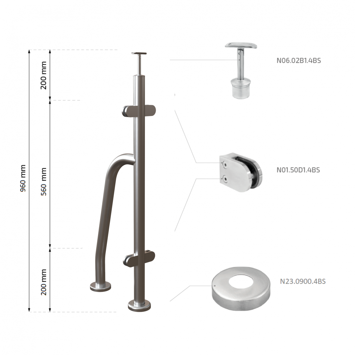 Turėklo statramstis stiklui su atrama H-960 mm 1 Turėklo statramstis stiklui su atrama H-960 mm 1