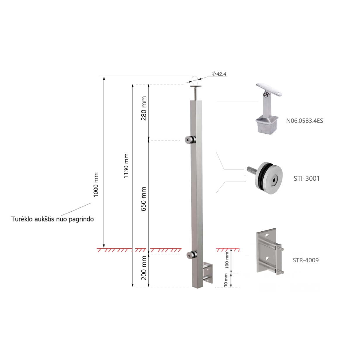 Glass Railing Post with Glass Adaptors 40×40 H-1130 mm 1