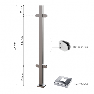 Vidurinis statramstis stiklui 40×40 H-1000 mm 1 Vidurinis statramstis stiklui 40×40 H-1000 mm 1
