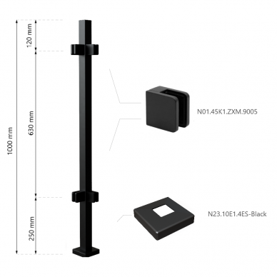 Turėklo statramstis H-1000mm (kampinis) RAL-9005 1 Turėklo statramstis H-1000mm (kampinis) RAL-9005 1