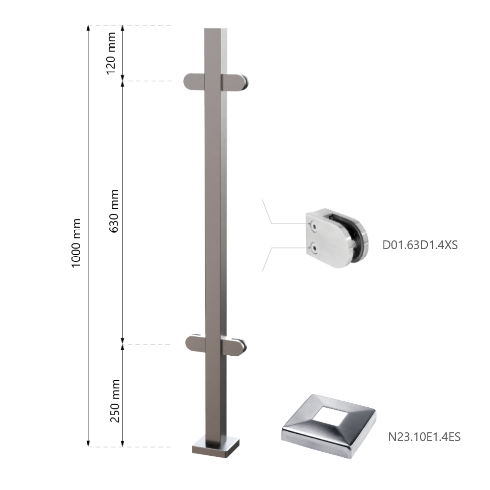Vidurinis statramstis stiklui 40×40 H-1000 mm 1 Vidurinis statramstis stiklui 40×40 H-1000 mm 1