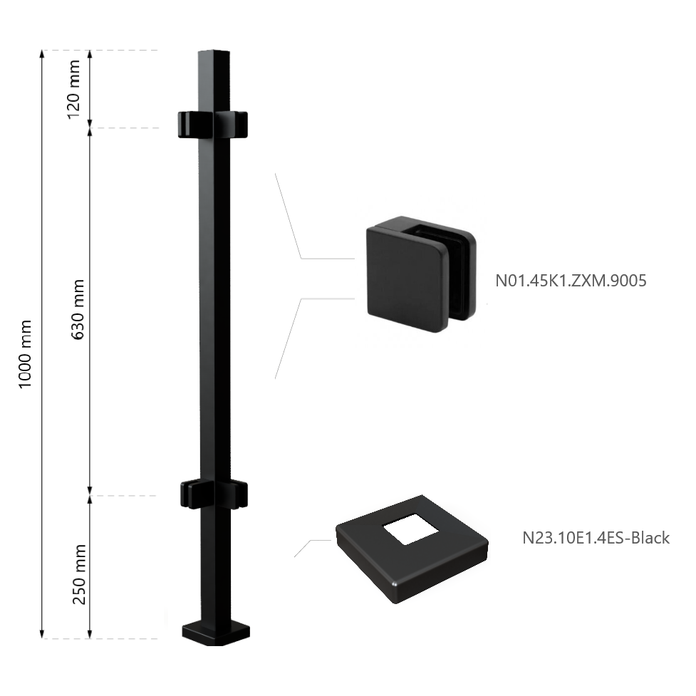 Turėklo statramstis H-1000mm (kampinis) RAL-9005 1 Turėklo statramstis H-1000mm (kampinis) RAL-9005 1