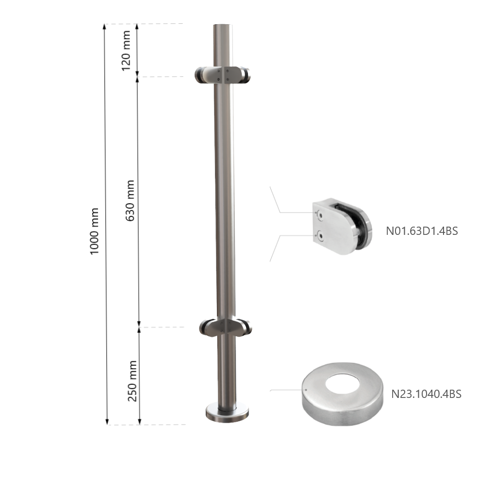 Turėklo statramstis stiklui H-1000 mm (kampinis) 1 Turėklo statramstis stiklui H-1000 mm (kampinis) 1