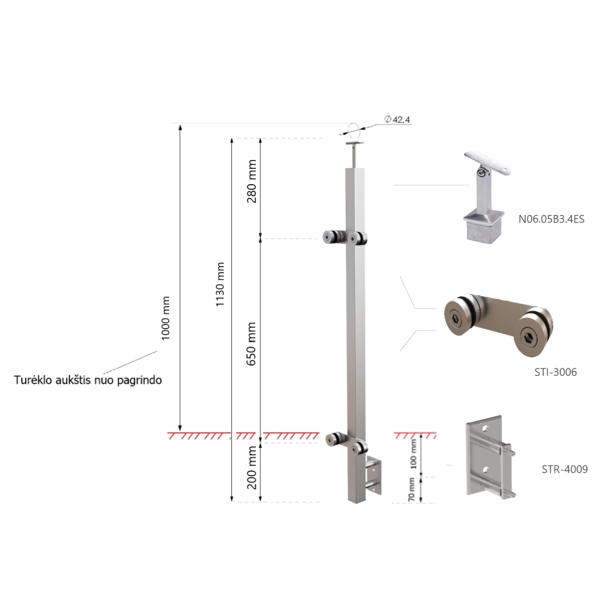 Middle Glass Railing Post with Point Glass Adaptors 40×40 H-1130 mm 1